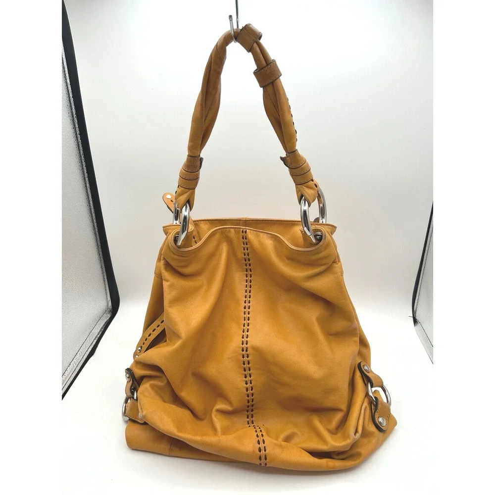 B. Makowsky Hobo Bag Women Large Mustard Yellow Leather Whipstitch Ring Handle